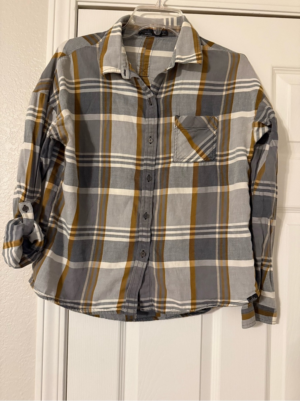 Prana Lightweight Plaid Button-Front Shirt - Gray and Mustard
